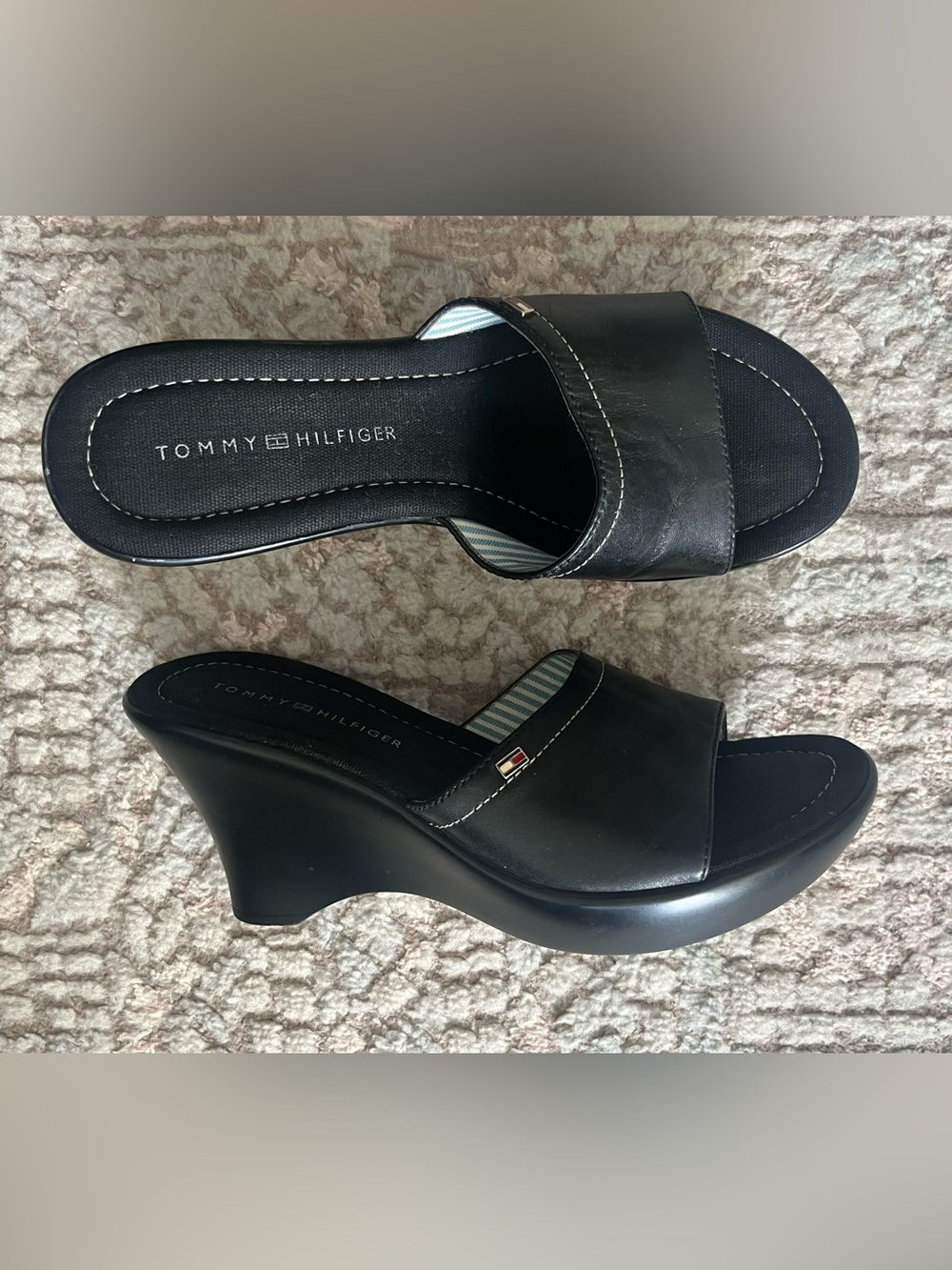 Y2K Tommy Hilfiger Black Leather Wedge Slide Sandals Womens Sz 5.5